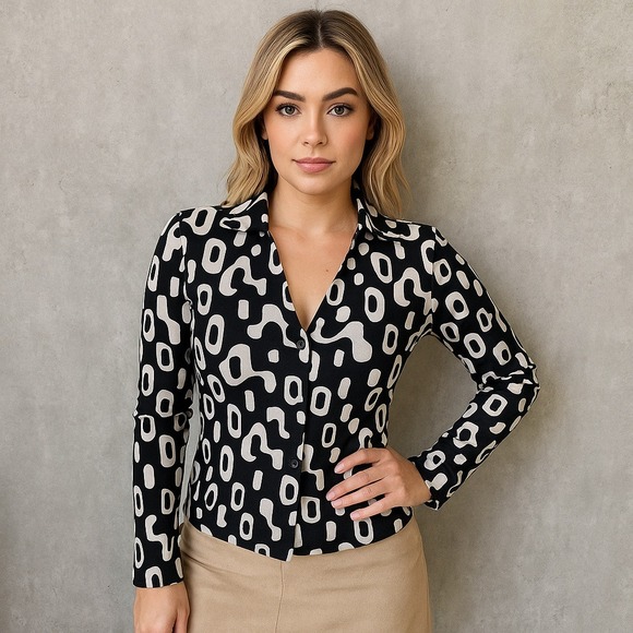 INC International‎ Concepts Petite Black White Geo Print Blouse Top Retro Y2K - Picture 1 of 9